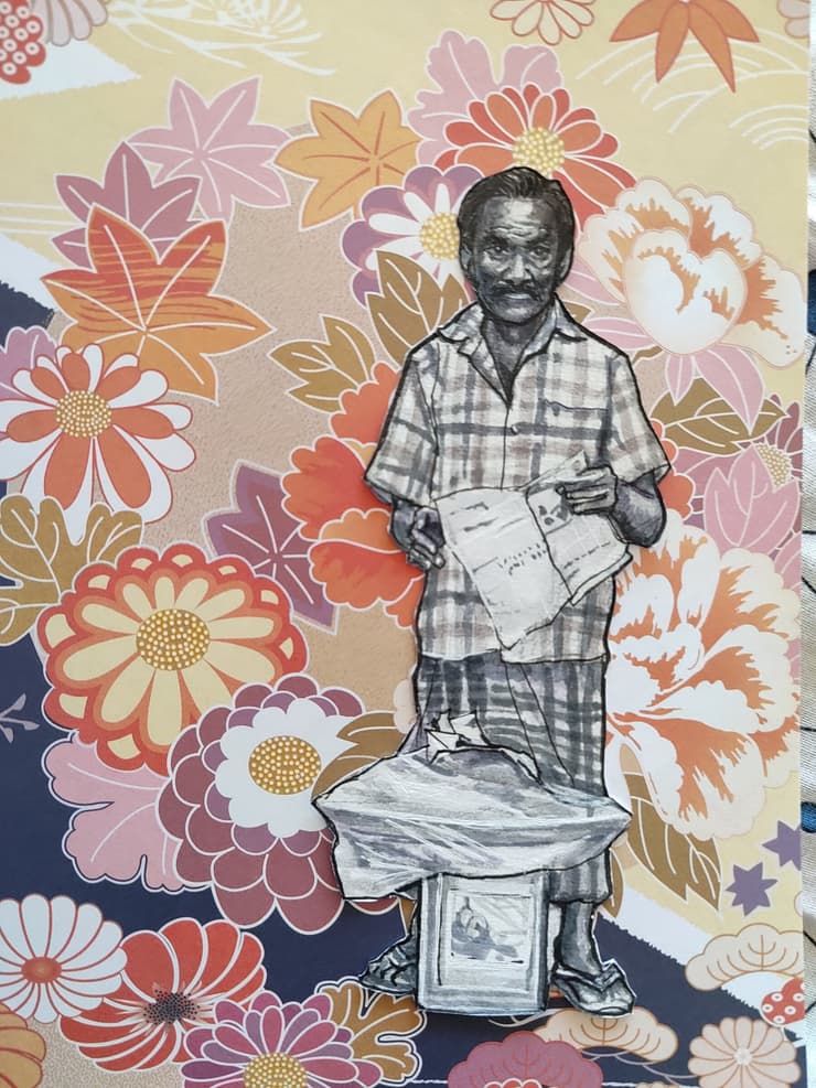 Cut-out figure on patterns: newspaper man, Chennai, detail 1
