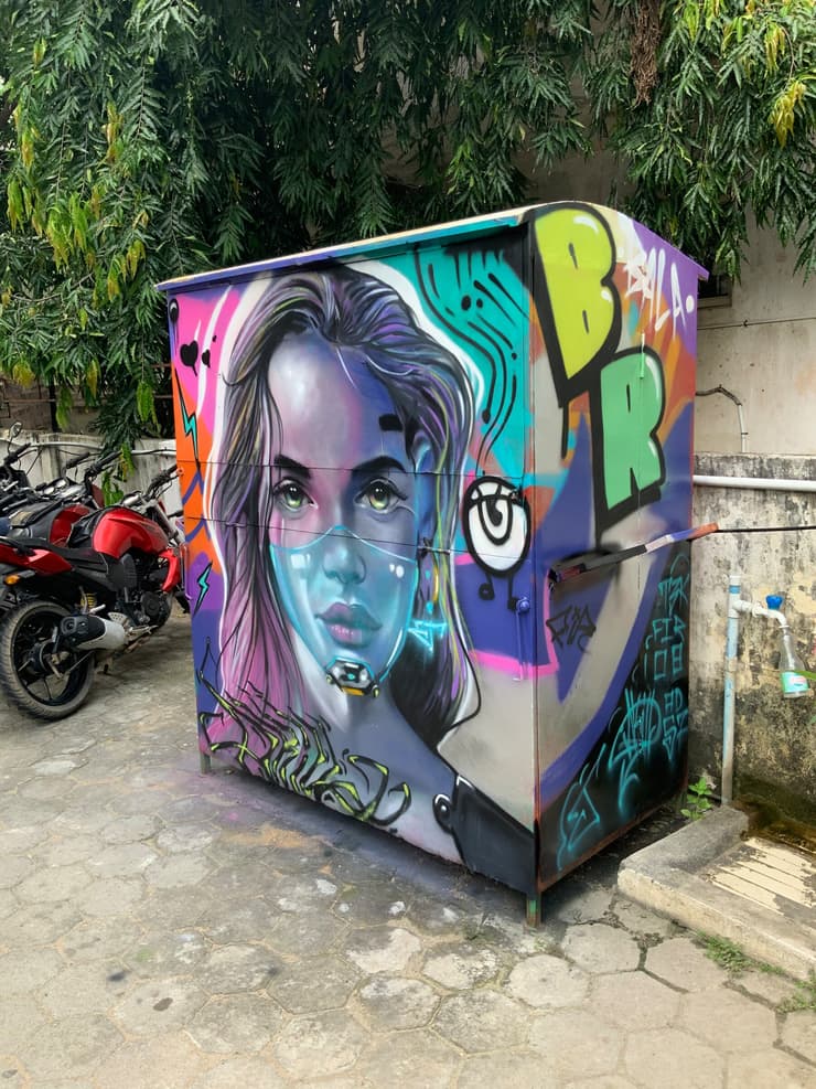Cyber-mask woman, utility box, detail 1