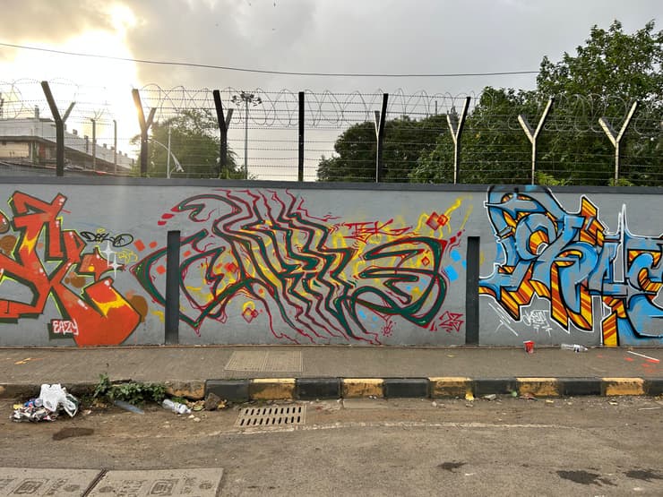 Red-green wildstyle, fenced wall, Mumbai, detail 1