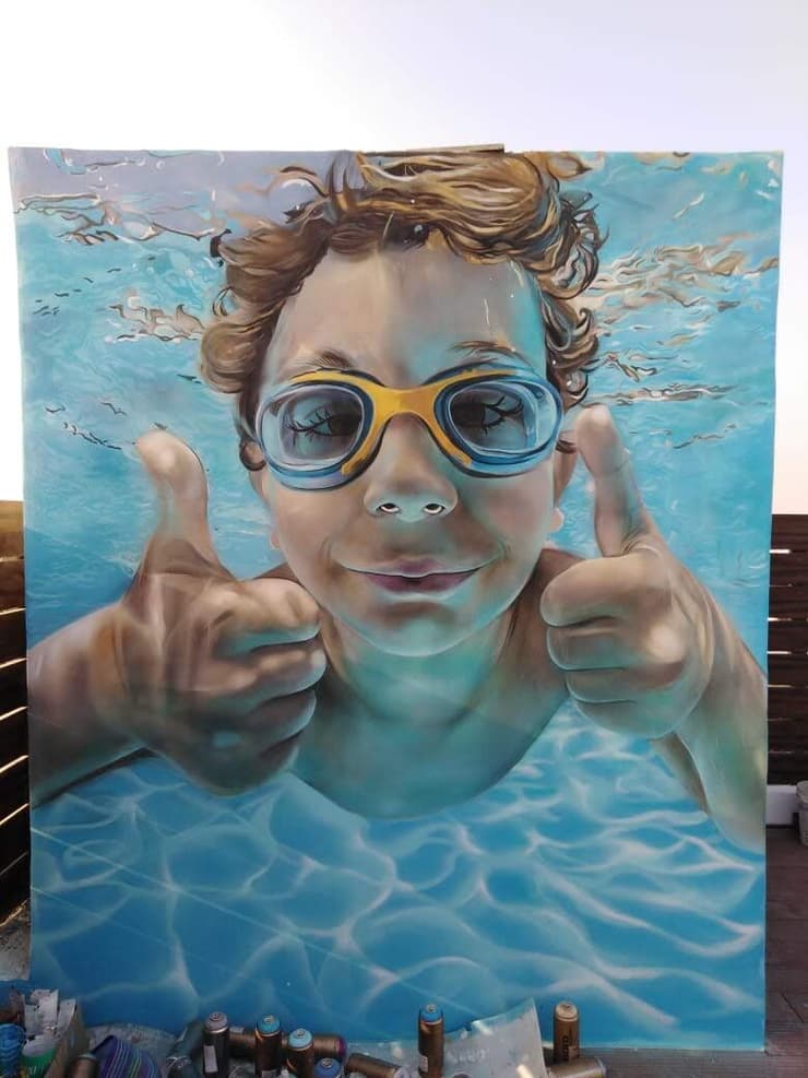 Underwater boy with goggles, rooftop cube, Erode, detail 1