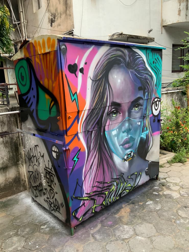 Cyber-mask woman, utility box, detail 2