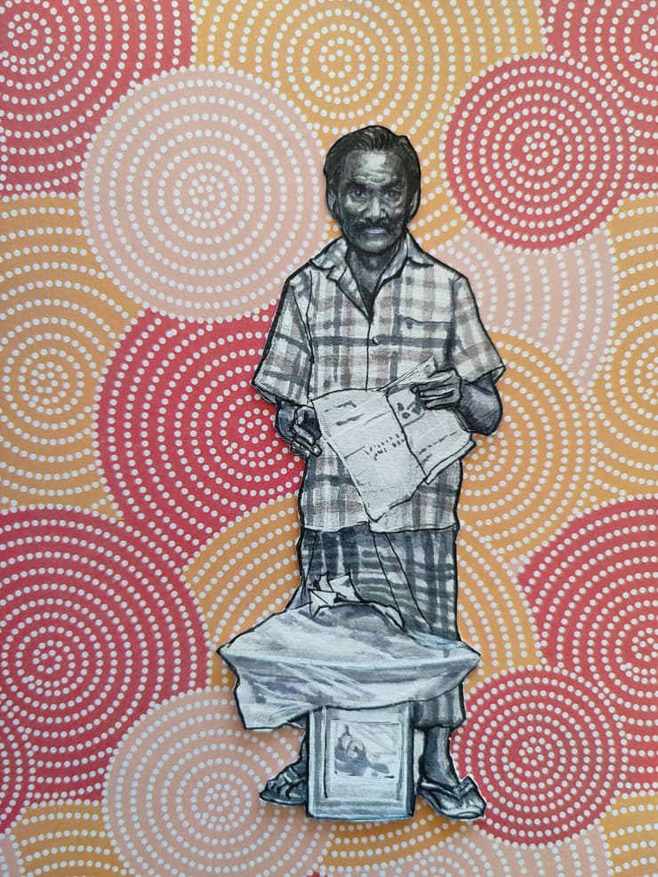 Cut-out figure on patterns: newspaper man, Chennai, detail 2