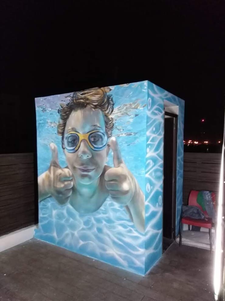 Underwater boy with goggles, rooftop cube, Erode, detail 2