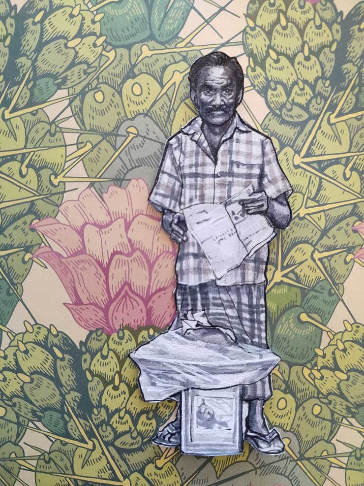 Cut-out figure on patterns: newspaper man, Chennai, detail 3