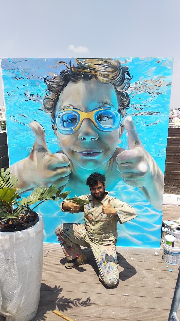 Underwater boy with goggles, rooftop cube, Erode, detail 3