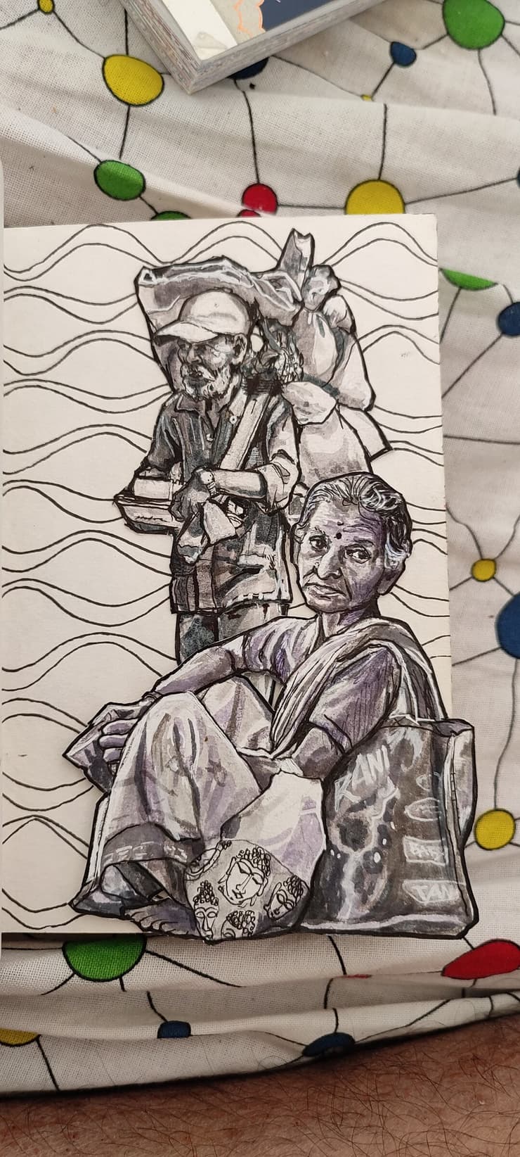 Cut-out figure on patterns: newspaper man, Chennai, detail 6