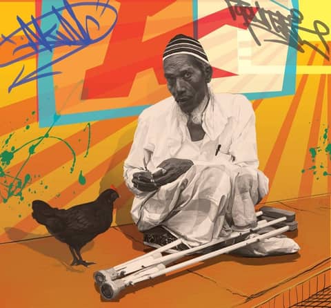 Seated man with hen and crutches, digital
