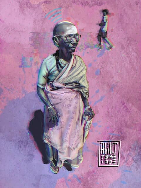 Old woman in sari, pink digital