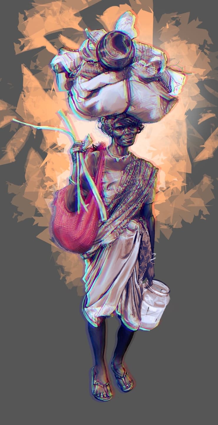 Woman carrying load on head, digital