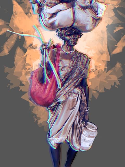 Woman carrying load on head, digital
