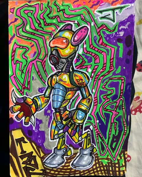 Robot character, neon flow lines, Chennai
