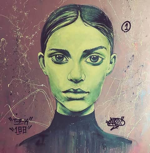 Green-faced woman, numbered canvas 1