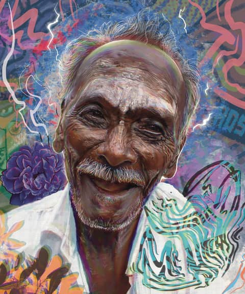 Smiling elder with flower, digital