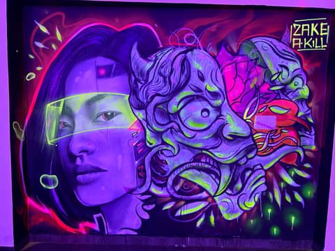 UV oni masks and woman, Zake collab, Dispur