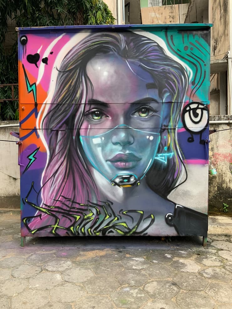 Cyber-mask woman, utility box