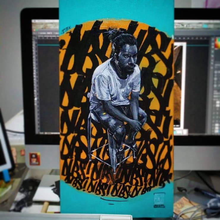 Seated man over calligraphy, board