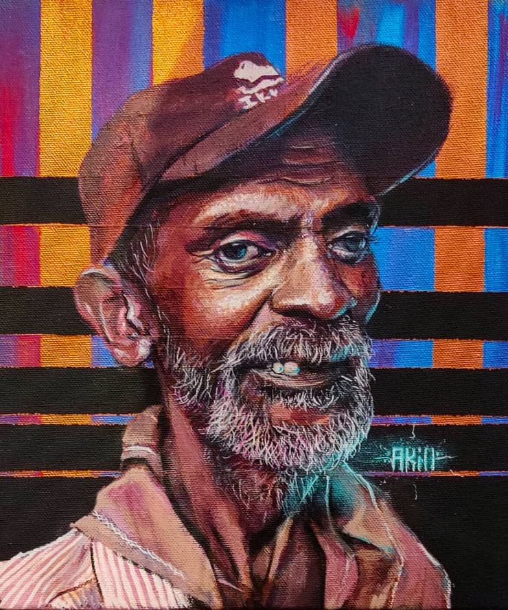 Old man in cap, striped canvas