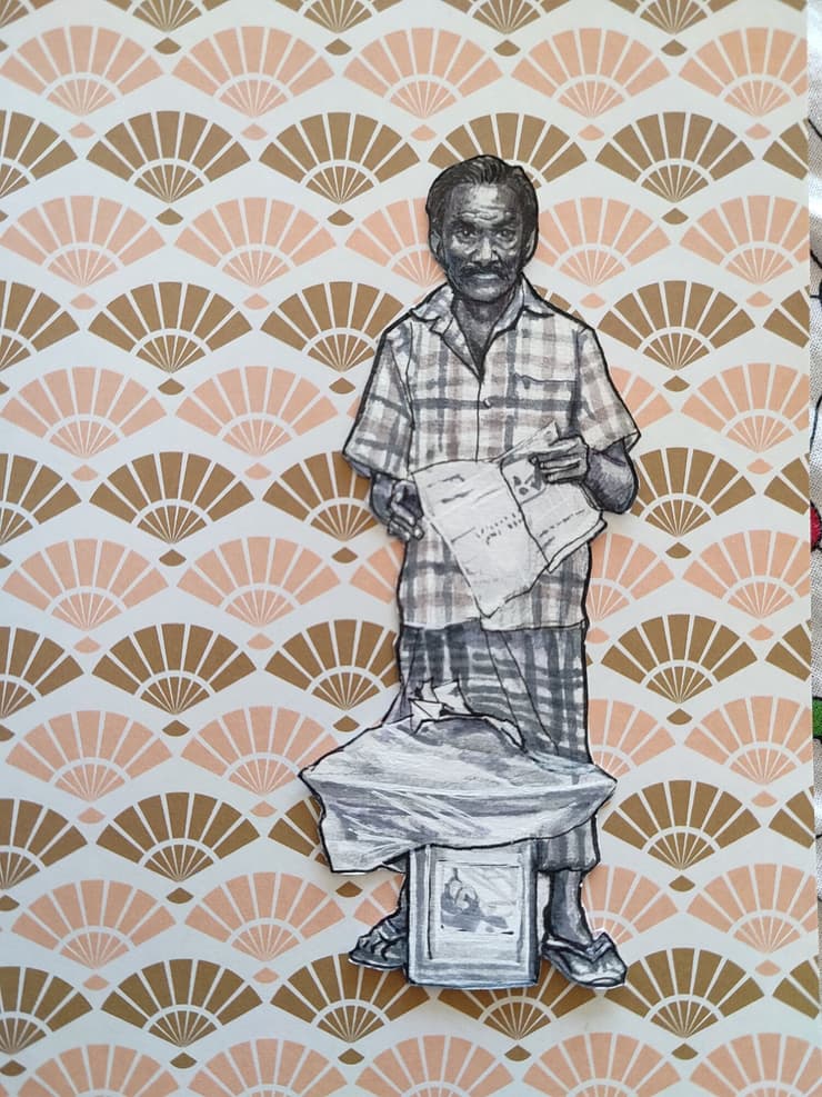 Cut-out figure on patterns: newspaper man, Chennai