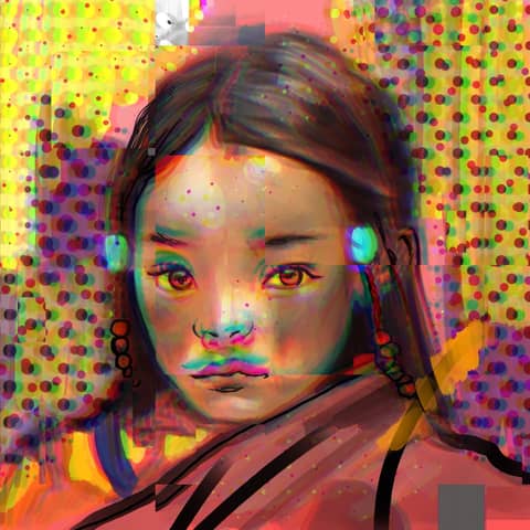 Rotated woman portrait, halftone digital