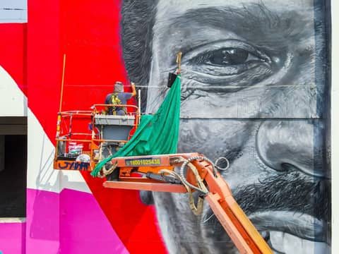 Moustached face crane mural
