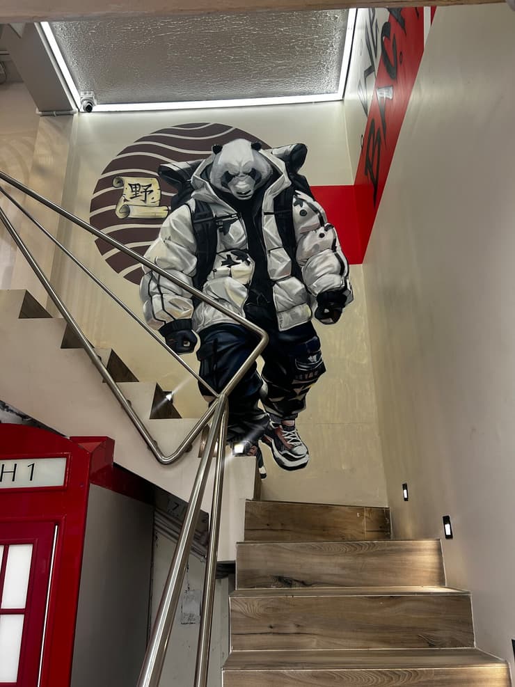 Panda in puffer jacket, stairwell, Chennai
